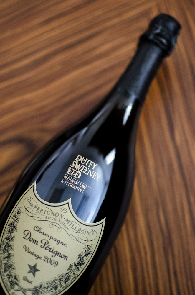 Corporate Logo Champagne Bottle Engraving with Gold Fill