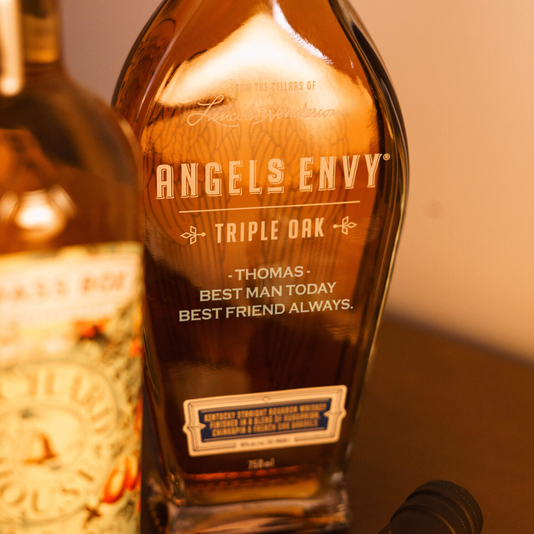 3 Line Message Engraving on Angel's Envy Triple Oak Bourbon Bottle with Gold Fill